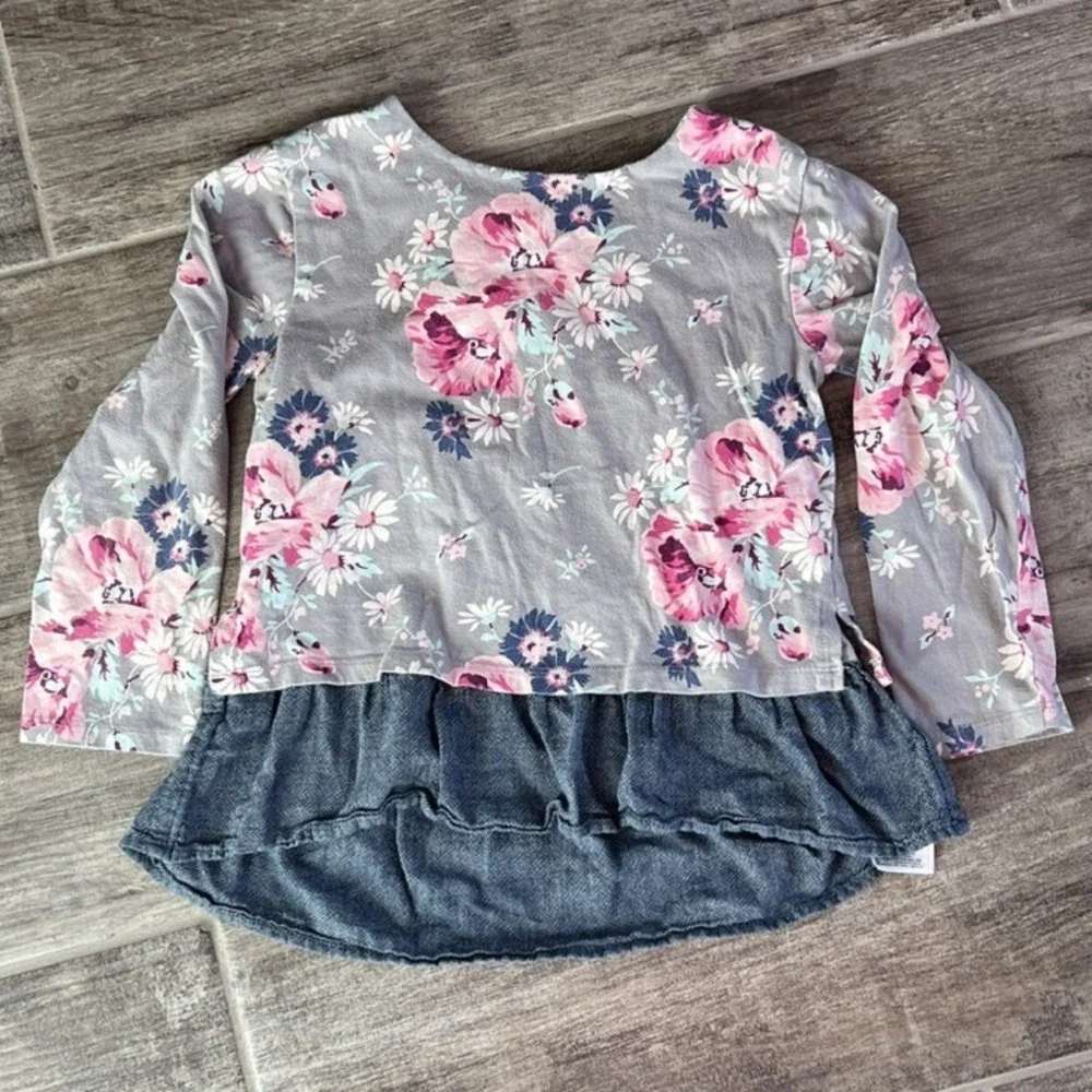 Gap Gray Top Pink Floral Blue Denim Ruffle Hem Long Sleeve‎ Shirt Girl Size 6/7